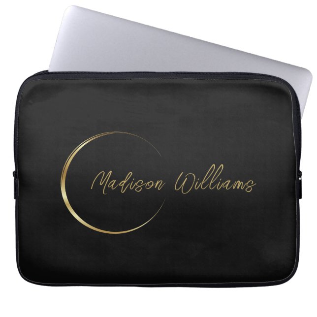 Customise Name & Initial Black White Gold Monogram Laptop Sleeve (Front)
