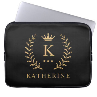 Customise Name & Initial Black White Gold Monogram Laptop Sleeve