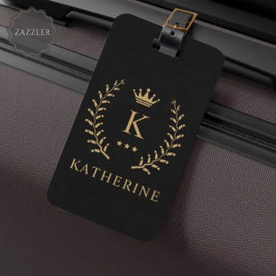 Customise Name & Initial Black White Gold Monogram Luggage Tag
