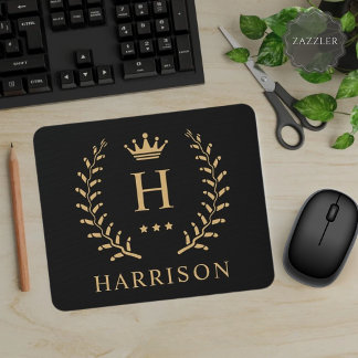 Customise Name & Initial Black White Gold Monogram Mouse Pad
