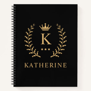 Customise Name & Initial Black White Gold Monogram Notebook