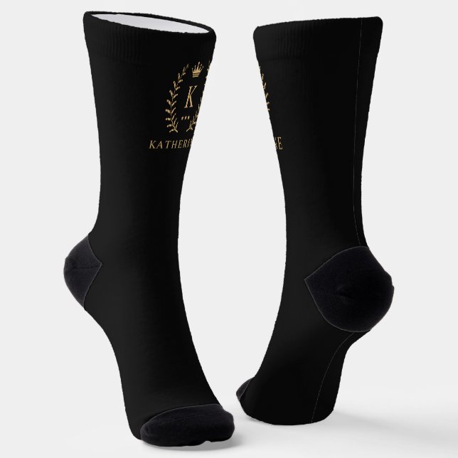 Customise Name & Initial Black White Gold Monogram Socks (Angled)