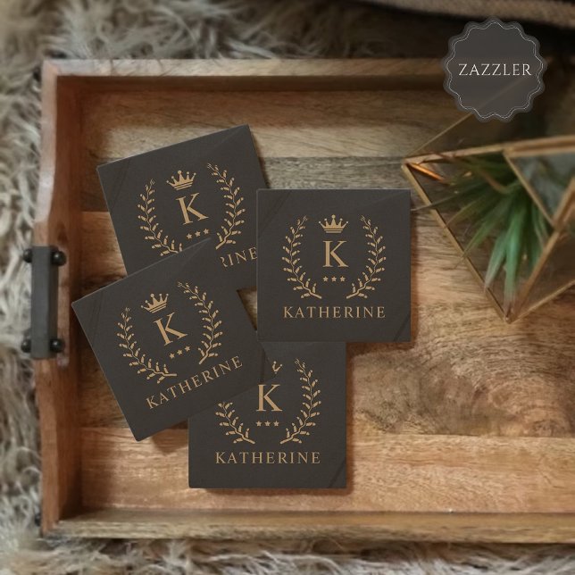 Customise Name & Initial Black White Gold Monogram Stone Coaster (Customize Name & Initial Black White Gold Monogram Stone Coaster)