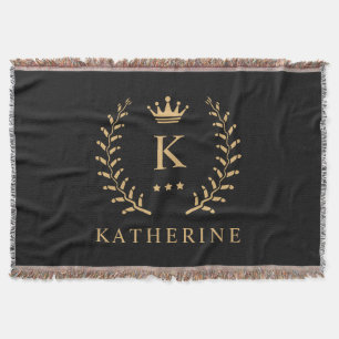 Customise Name & Initial Black White Gold Monogram Throw Blanket