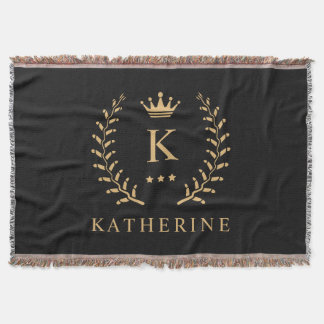 Customise Name & Initial Black White Gold Monogram Throw Blanket