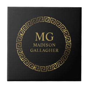 Customise Name & Initial Black White Gold Monogram Tile