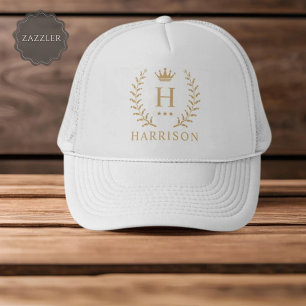 Customise Name & Initial Black White Gold Monogram Trucker Hat