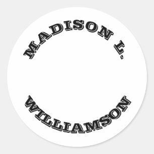 Customise Name last curved letters Black white Classic Round Sticker
