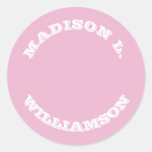 Customise Name last name curved letters Pink white Classic Round Sticker