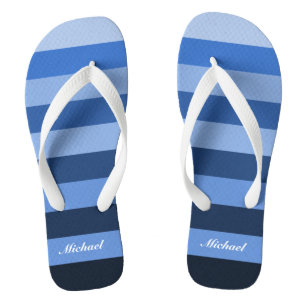 Customise Name Monochrome Blue Stripes Pattern Jandals