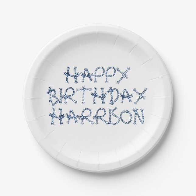 Customise name nautical rope knots Birthday  Paper Plate (Front)