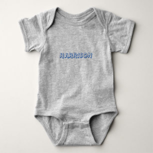 Customise name, text blue letters grey baby bodysuit