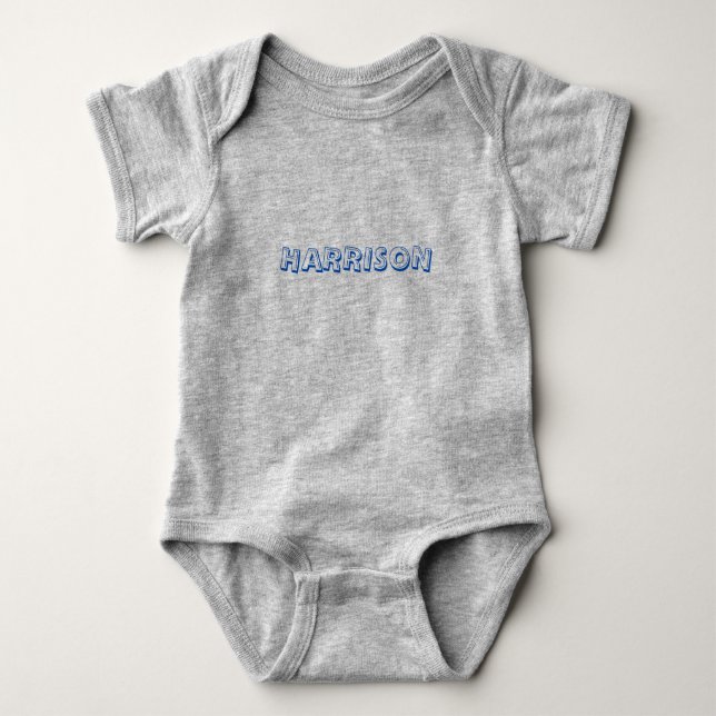 Customise name, text blue letters grey baby bodysuit (Front)