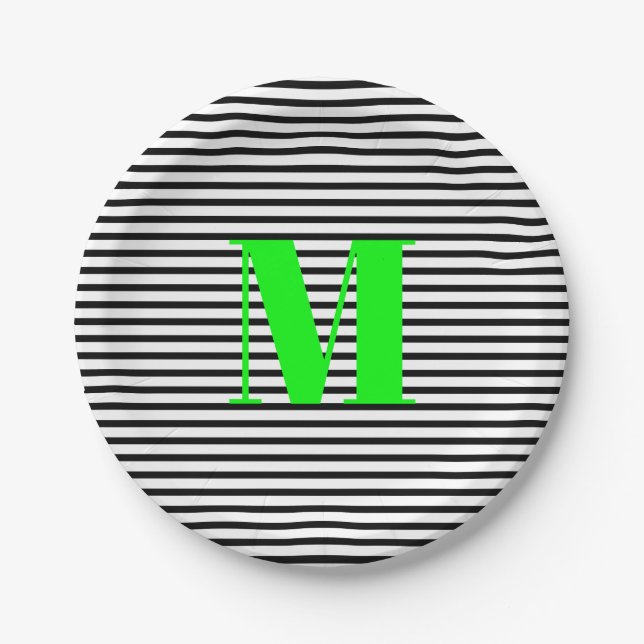 Customise neon green monogram black white stripes paper plate (Front)