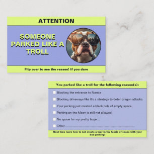 Customise Parked Like a troll, funny parking prank Calling Card