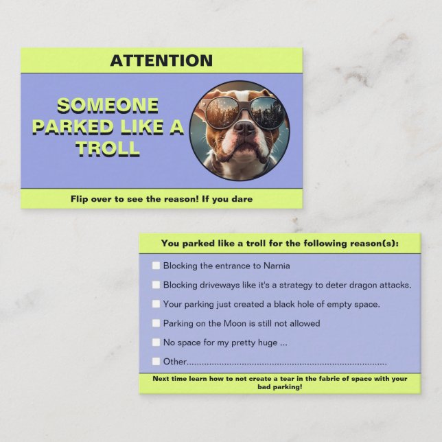 Customise Parked Like a troll, funny parking prank Calling Card (Front/Back)