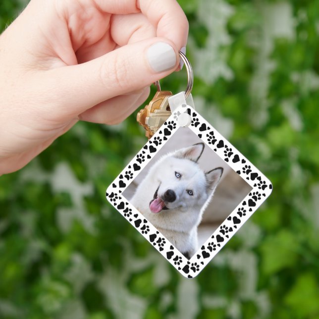 Customise Pet Photo Dog Paw Prints in Hearts Frame Key Ring (Hand)