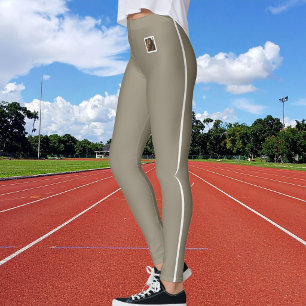 Customise Pet Photo Text White Stripe Earthy Taupe Leggings