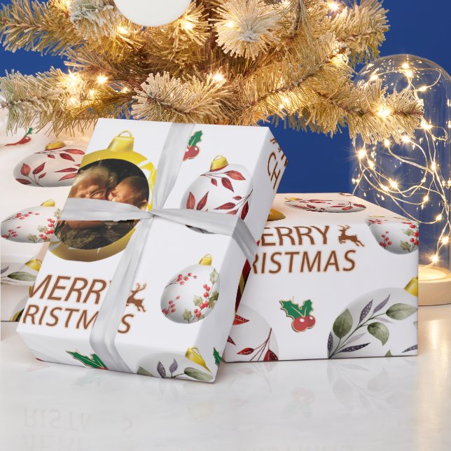 Customise Photo Christmas-Ball-Ornament Pattern Wrapping Paper (Holidays)