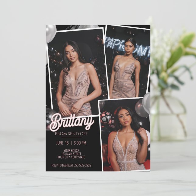 Customise Pink Black Prom Send Off Three Photos Invitation (Standing Front)