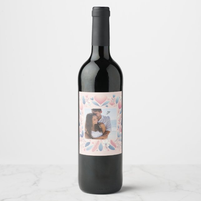 Customise Pink flowers Happy Valentine's Day  Wine Label (Front)