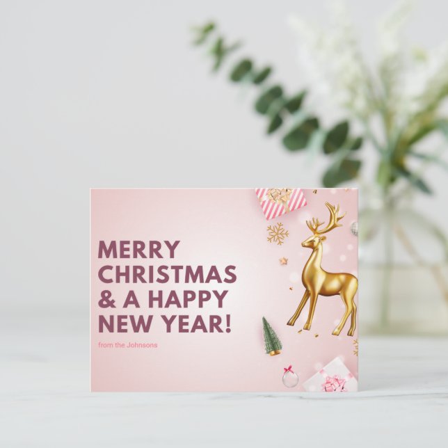 Customise Pink Merry Christmas and Happy New Year  Postcard (Standing Front)