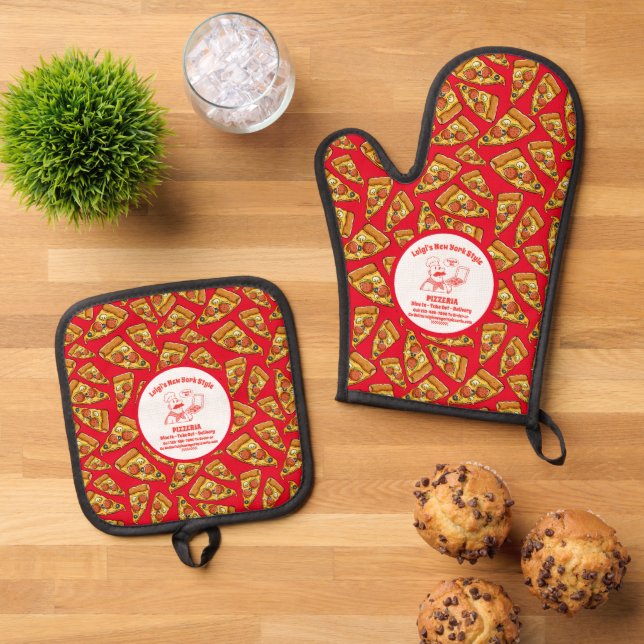 Customise Pizza Restaurant Detailed Pizza Chef  Oven Mitt & Pot Holder Set (Top Down)