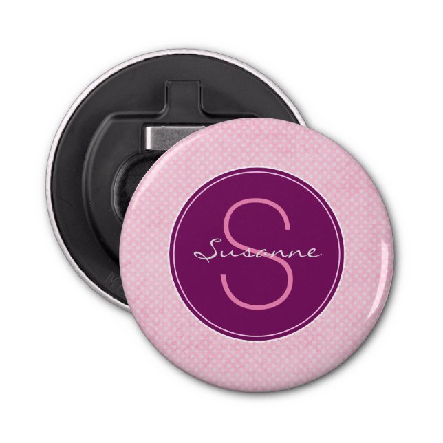 Customise Purple Monogram Circle on Pink Polka Dot Bottle Opener (Front)