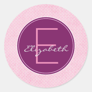 Customise Purple Monogram Circle on Pink Polka Dot Classic Round Sticker