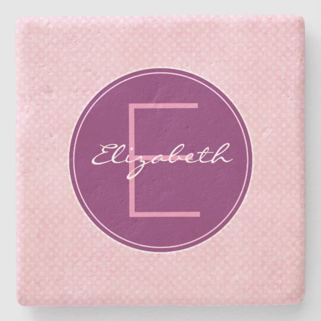 Customise Purple Monogram Circle on Pink Polka Dot Stone Coaster (Front)