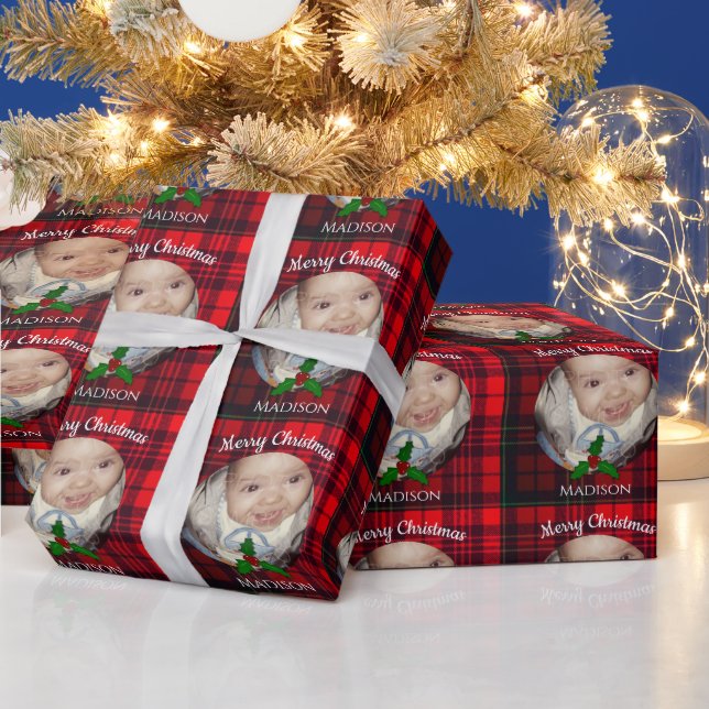 Customise Red Christmas tartan Holly twig photo Wrapping Paper (Holidays)