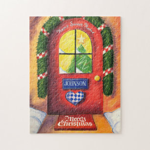 Customise Red Merry Christmas Front Door Home Jigsaw Puzzle