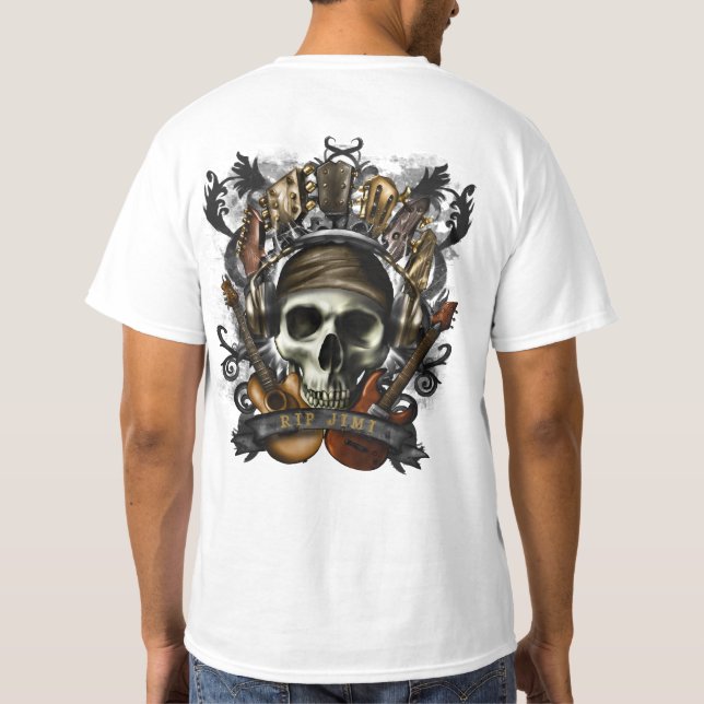 Customise Rock N Roll Guitars Skull Heavy Metal T- T-Shirt (Back)