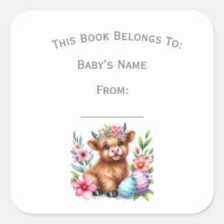 Customise Rustic Cute Baby Highland Cow Book Plate Square Sticker