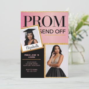 Customise Sparkling Pink Black Prom Send Off Photo Invitation