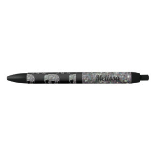 Customise Sparkly colourful silver mosaic Elephant Black Ink Pen