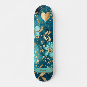 Customise Teal & Gold Floral Skateboard