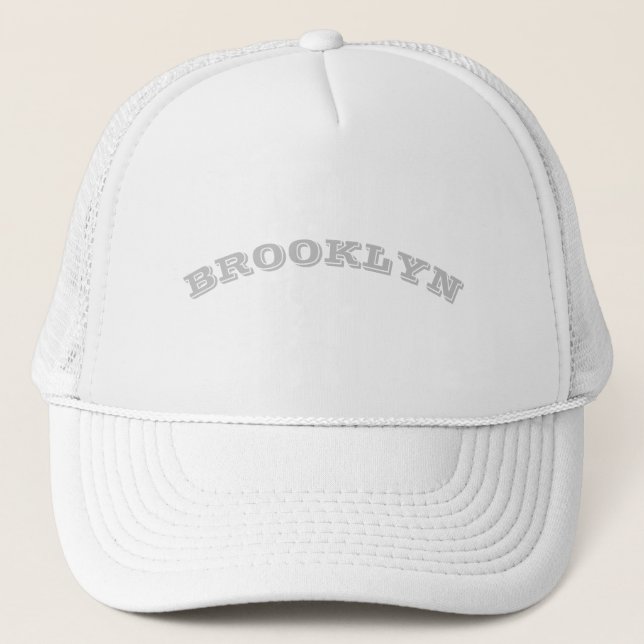 Customise text, name grey curved letters white trucker hat (Front)