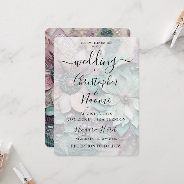 Customise This: Pink Teal Paper Flowers Invitation (Front/Back In Situ)