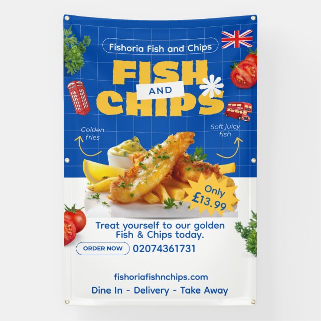 Customise UK Edition Delicious Fish N Chips Restau Banner (Vertical)