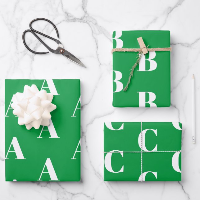 Customise w/Initial monogram Letter green white Wrapping Paper Sheet (Front)