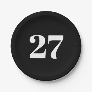 Customise w/Initial White Letter Number Black Paper Plate
