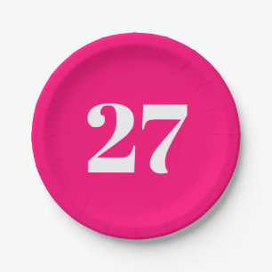 Customise w/Initial White Letter Number hot pink Paper Plate