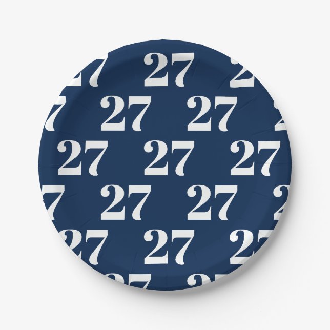 Customise w/Initial, White Letter Number navy blue Paper Plate (Front)