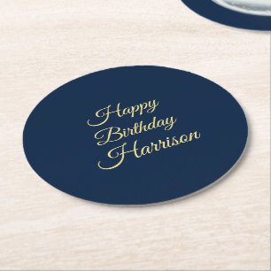 Customise with name, Happy Birthday navy blue gold Round Paper Coaster