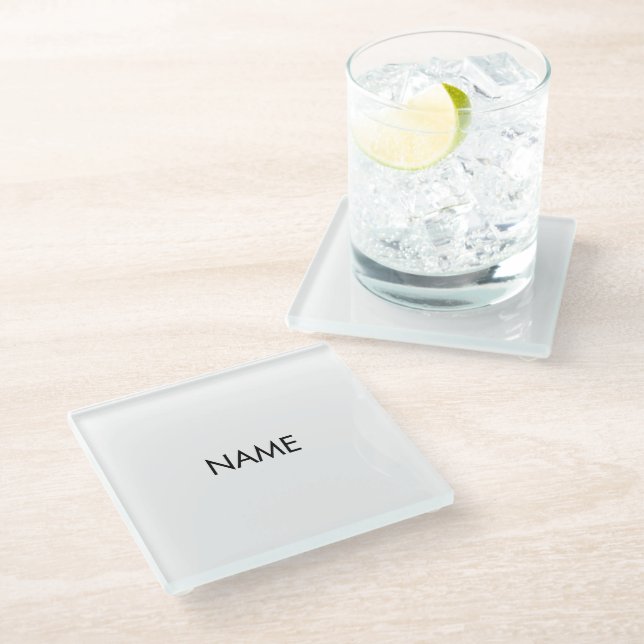 Customise with name, text minimalist black white glass coaster (Angled)
