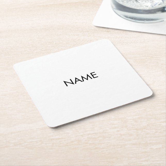 Customise with name, text minimalist black white square paper coaster (Angled)