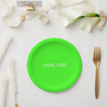 Customise with name, text minimalist neon green paper plate<br><div class="desc">Customise with name,  text minimalist neon green white Paper Plates
customise,  personalise name,  text
you can customise the text or delete it and keep the solid colour plate</div>