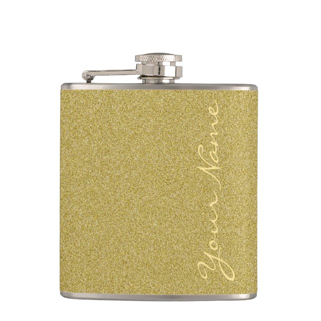 Customise With Name - Trendy Glitter Gold Hip Flask (Front)
