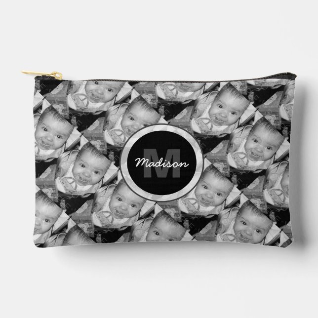 Customise Your Black White photo pattern Monogram Accessory Pouch (Front)